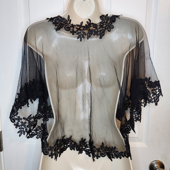 Vintage Sheer Black Lace Bed Jacket Peignoir Topper Boudoir Lingerie - Picture 6 of 6